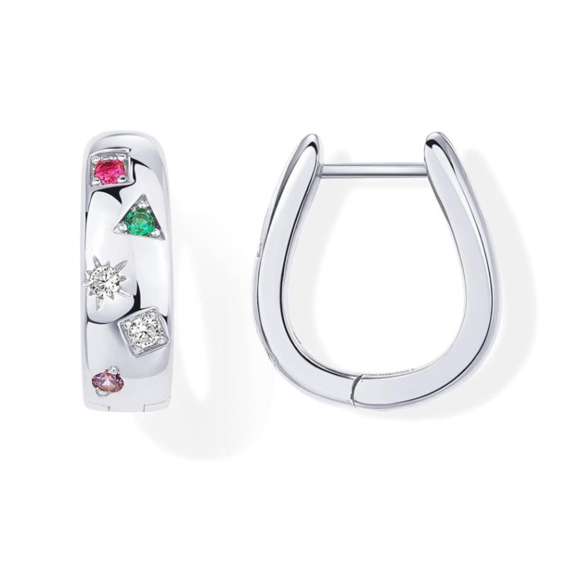 Lab Grown Diamond and Gemstones Chunky Huggie Earrings 14K White Gold