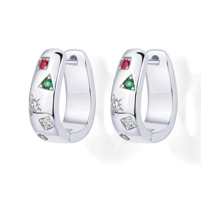 Lab Grown Diamond and Gemstones Chunky Huggie Earrings 14K White Gold