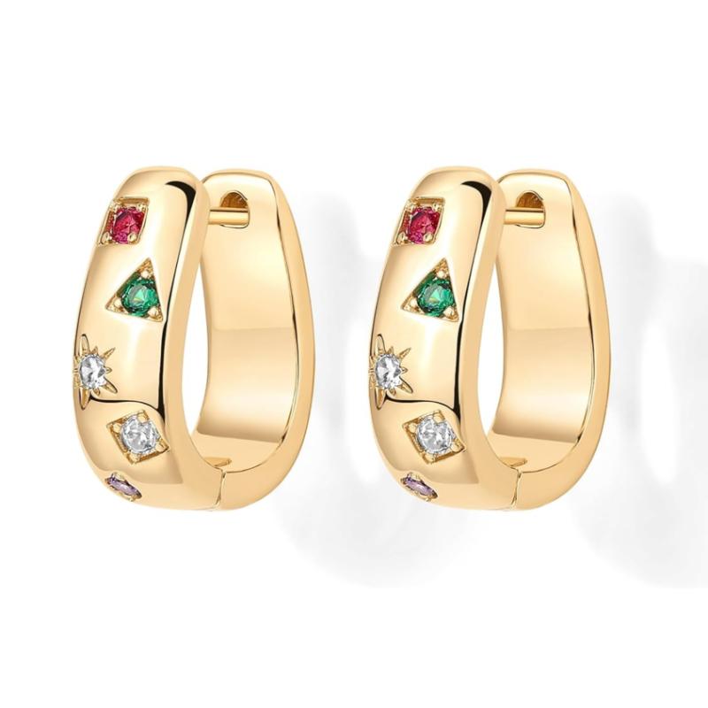 Lab Grown Diamond and Gemstones Chunky Huggie Earrings 14K Yellow Gold