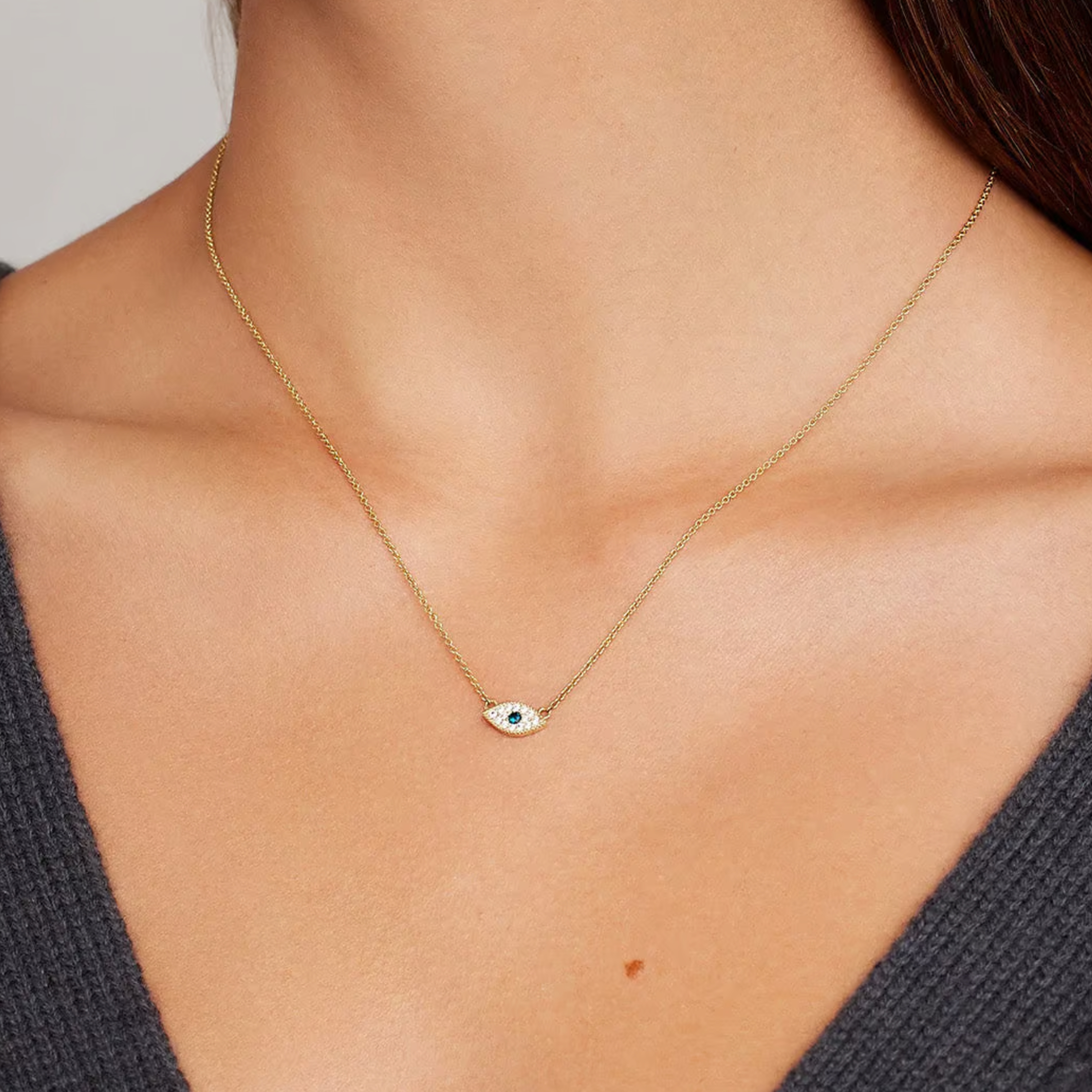 Evil Eye Necklace 14K Yellow Gold Lab Grown Diamonds and London Blue Topaz