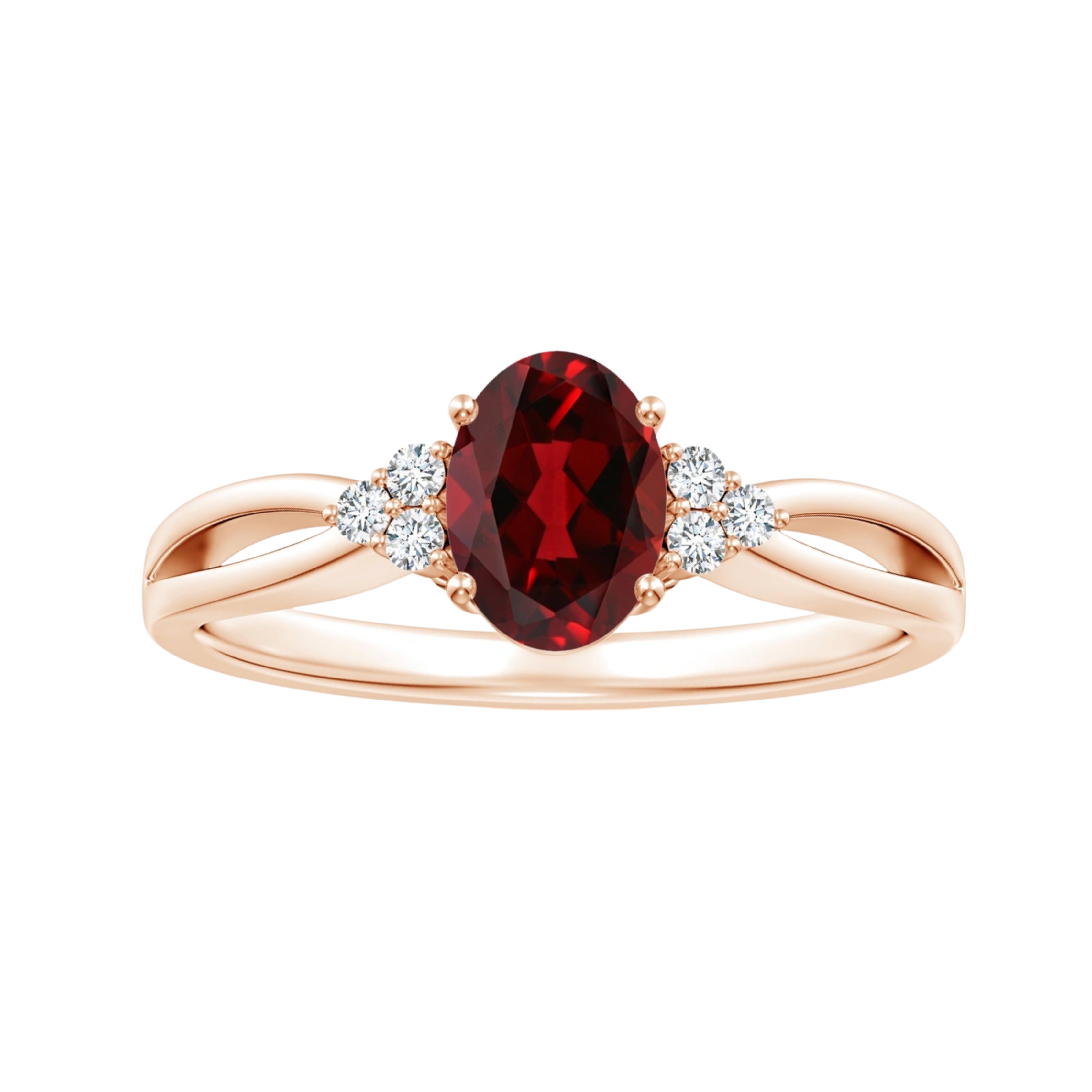 0.97ct Garnet Oval Split Shank Engagement Ring with Trio Diamonds 14K Rose Gold
