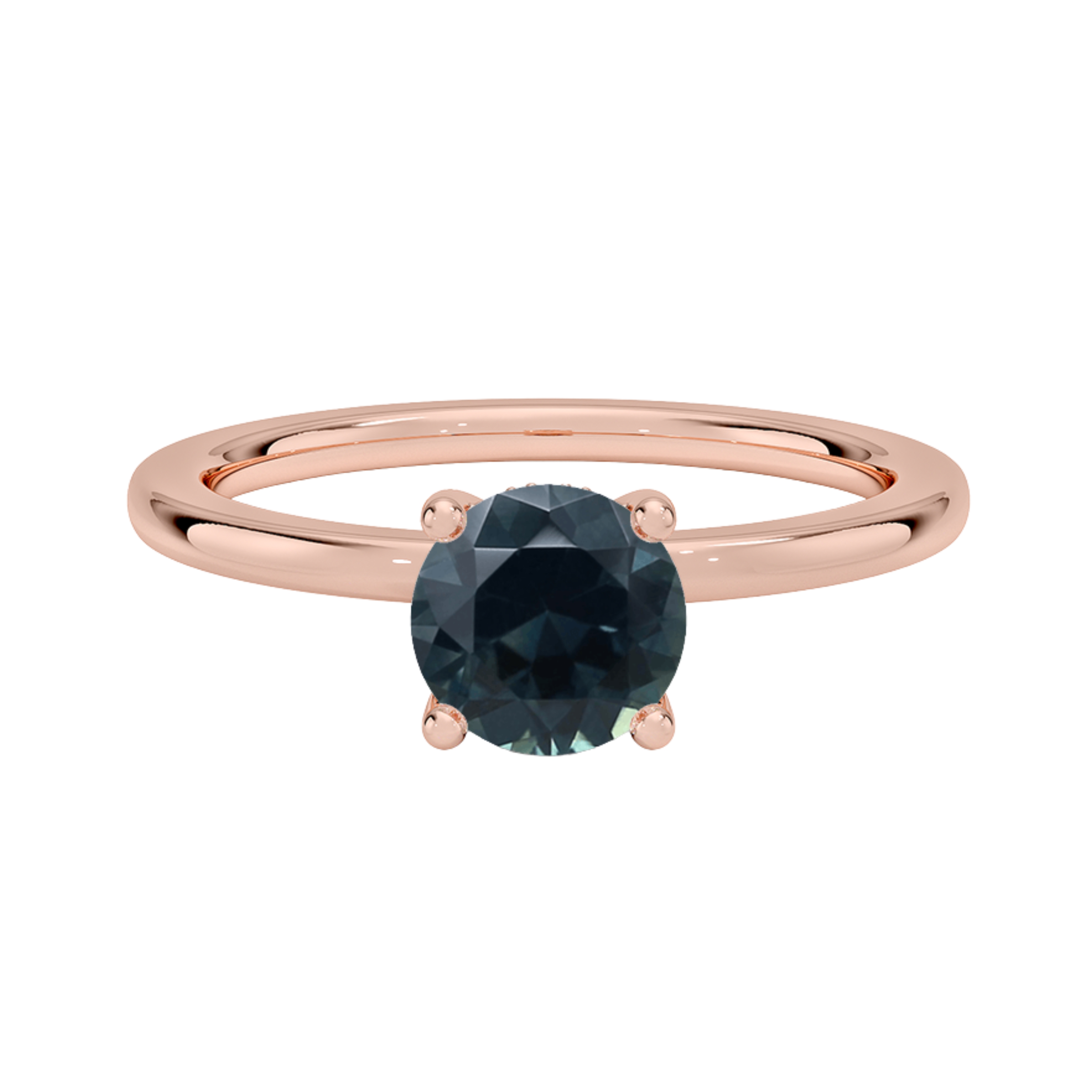 Dark Teal Round Cut Sapphire Engagement Ring 14K Rose Gold